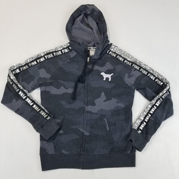 PINK Victoria's Secret Hoodie Womens Small Gray Camo Sequin Zip Sweatshirt Dog - Picture 10 of 10